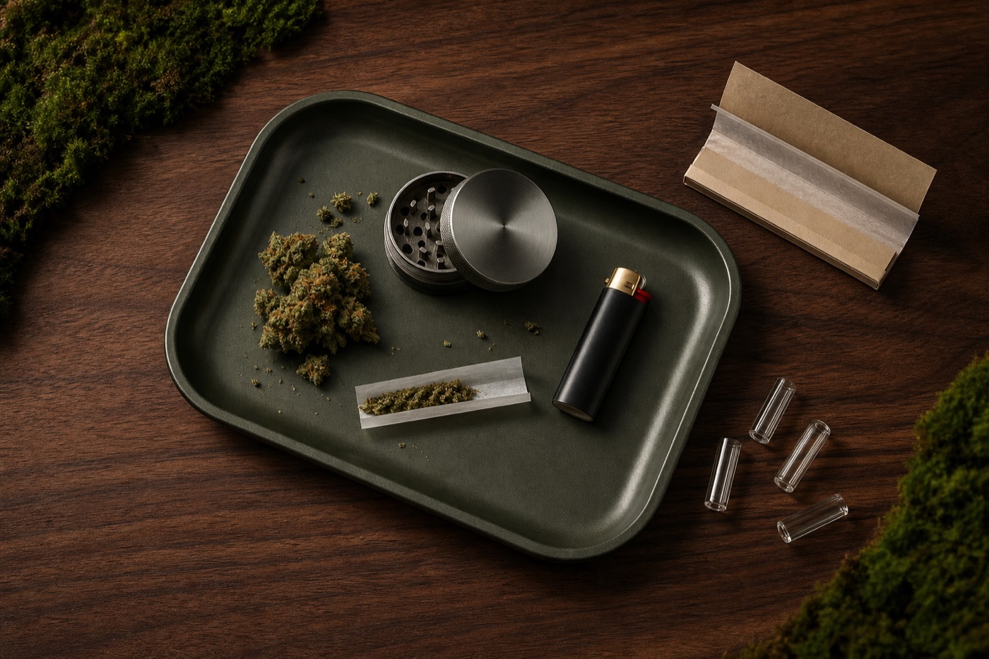 A rolling tray with grinder, papers and lighter