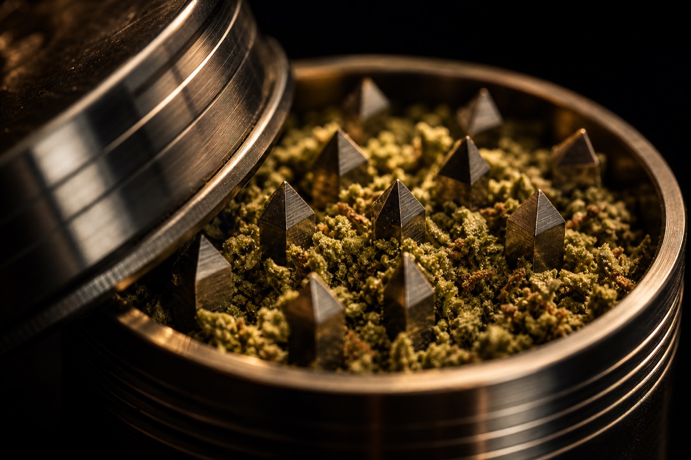 Close-up of an open herb grinder with sharp teeth