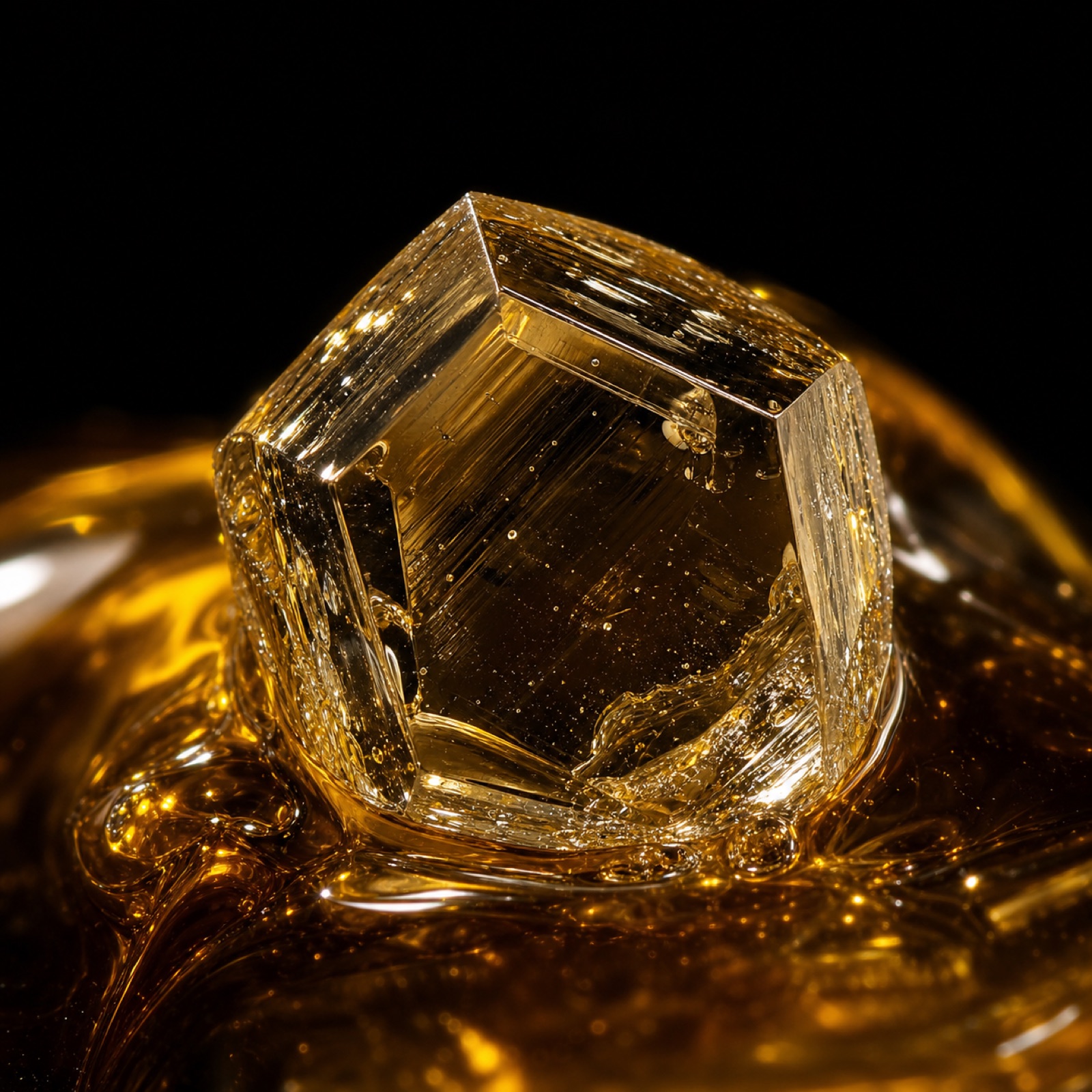 A single clear THCA diamond suspended in amber terpene sauce