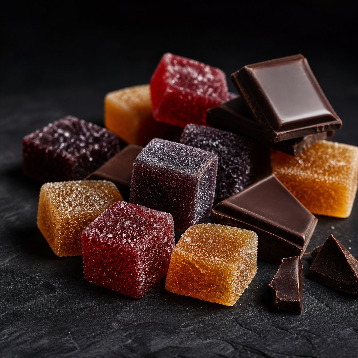 Assorted cannabis edibles — gummy cubes and dark chocolate squares on slate