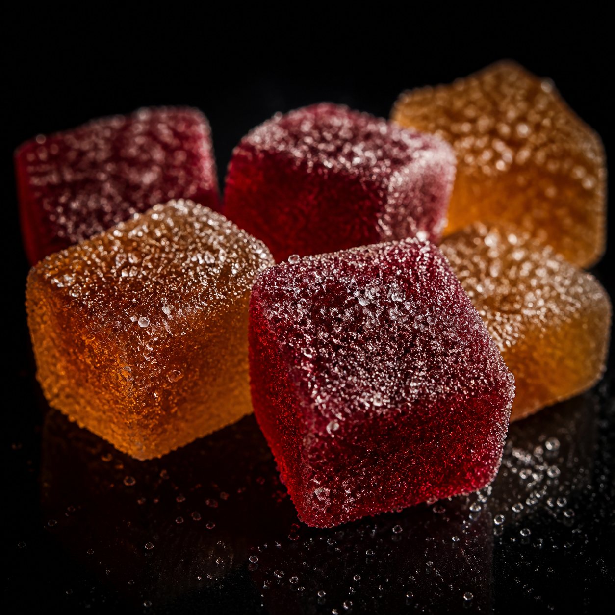 Close-up of sugar-coated cannabis gummy cubes