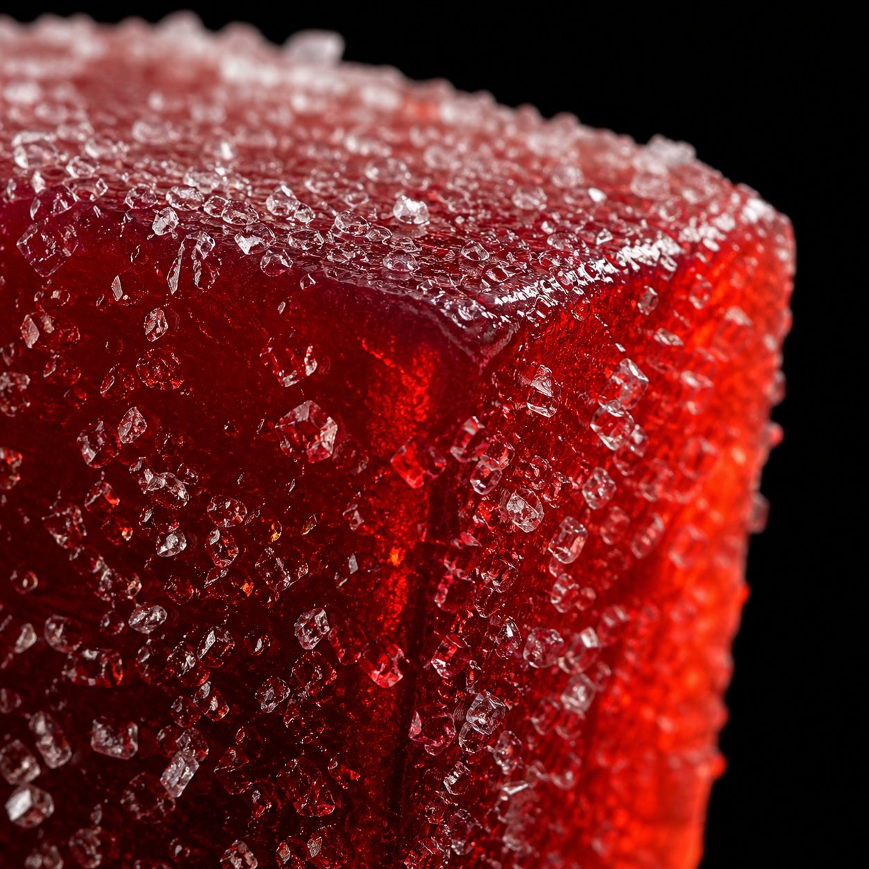 Extreme macro of sugar crystals on the corner of a single gummy cube