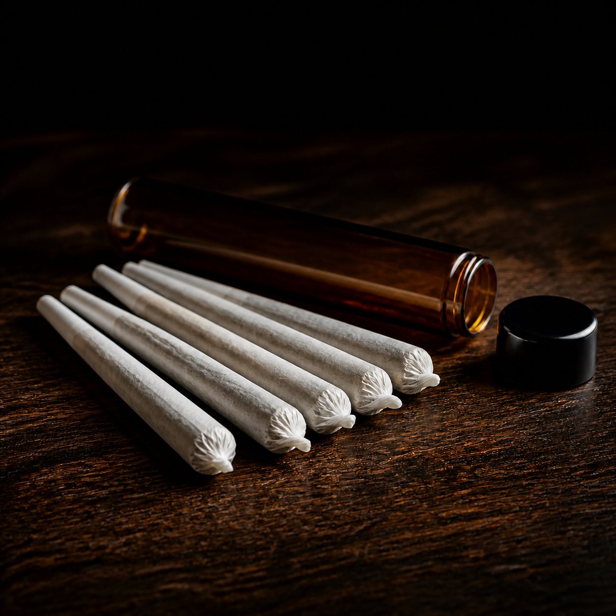 Rolled cannabis pre-roll cones fanned beside an amber glass tube