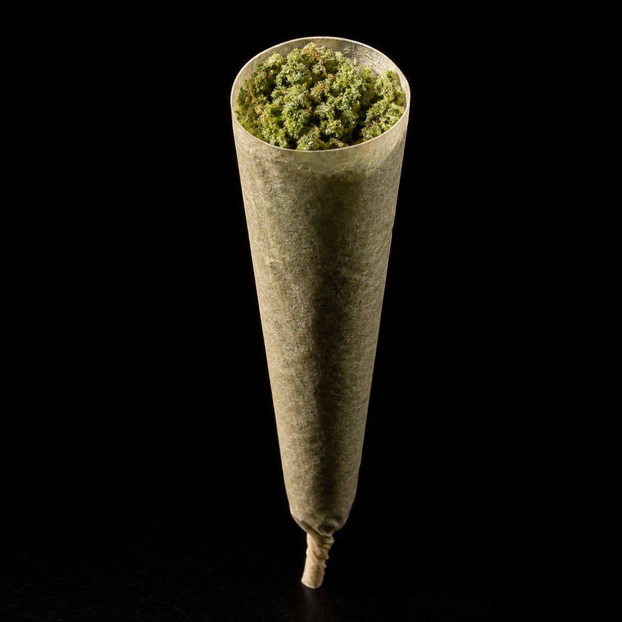 Close-up of a single pre-roll cone with ground flower visible at the open end