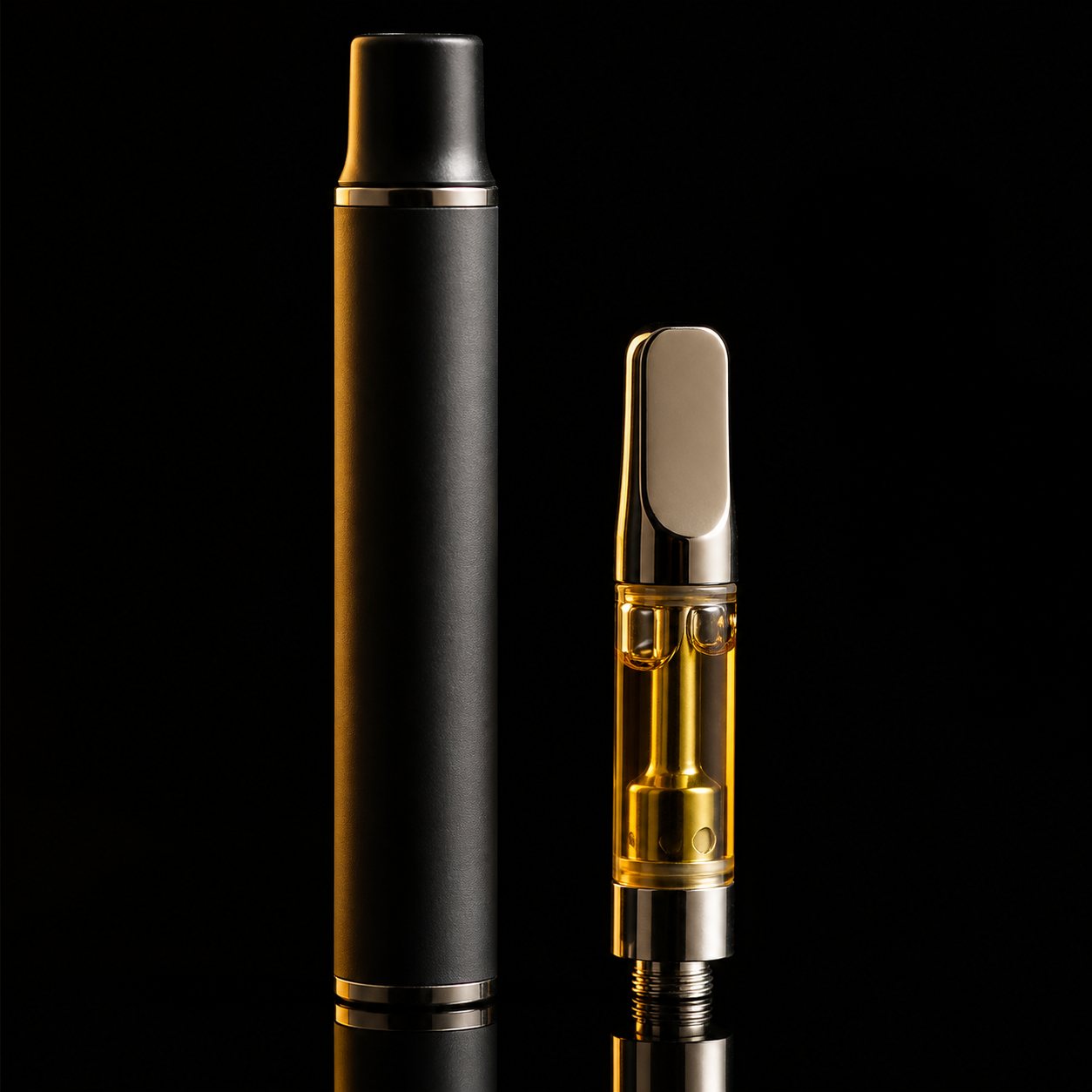 A cannabis vape pen and glass 510 cartridge of golden oil on a dark surface