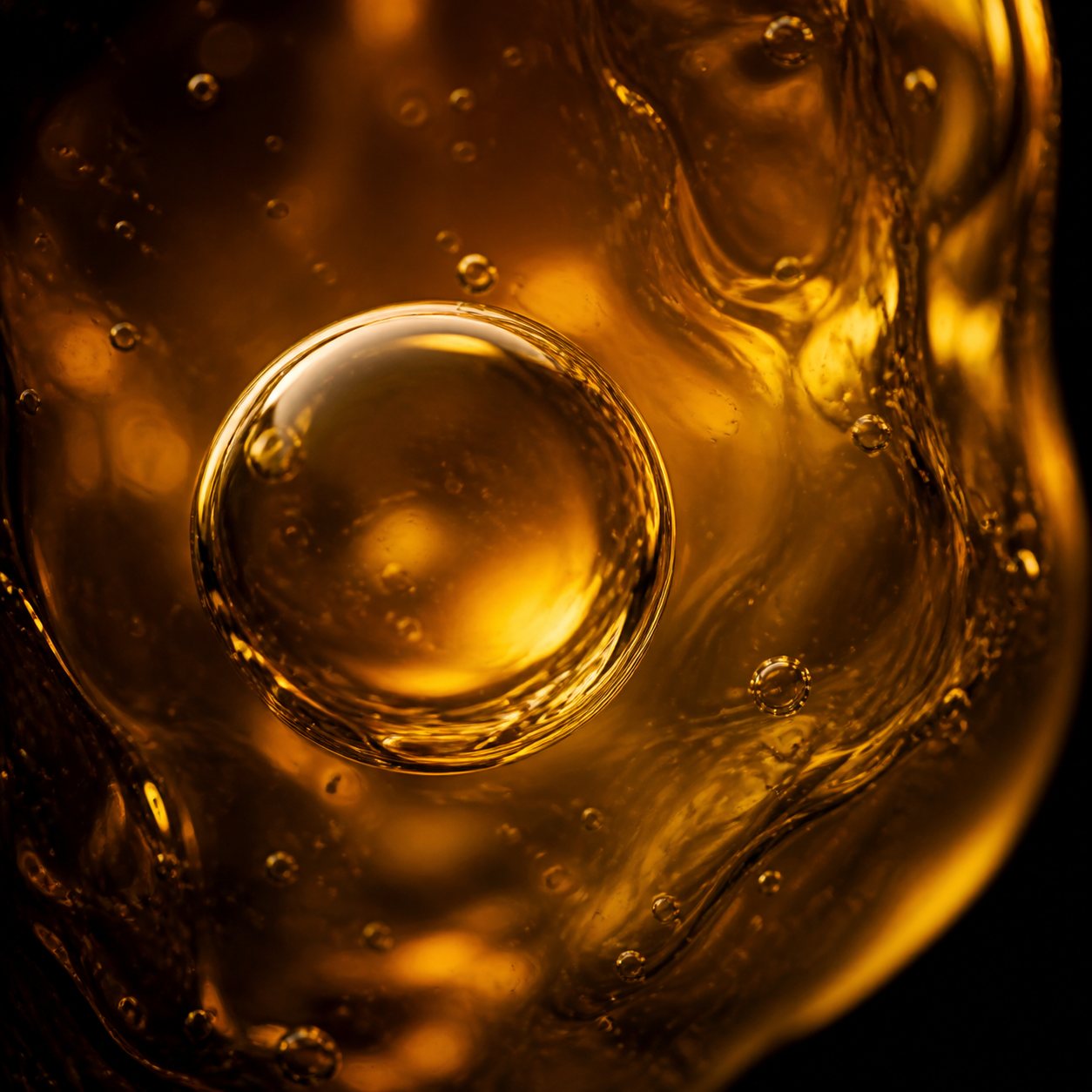 Extreme macro of a bubble suspended in golden cannabis oil