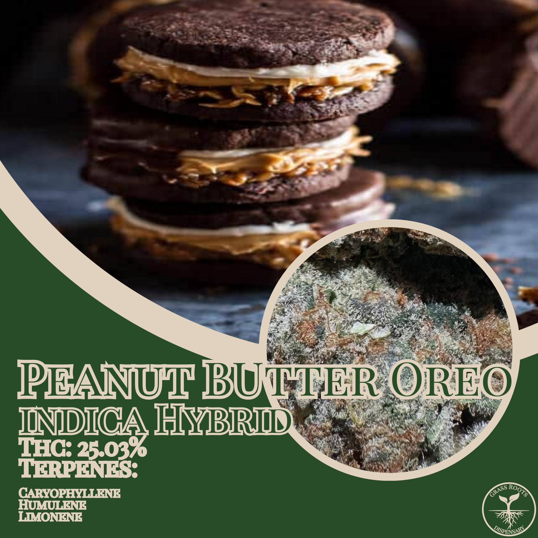 Peanut Butter Oreoz strain of the week graphic from Grass Roots Dispensary
