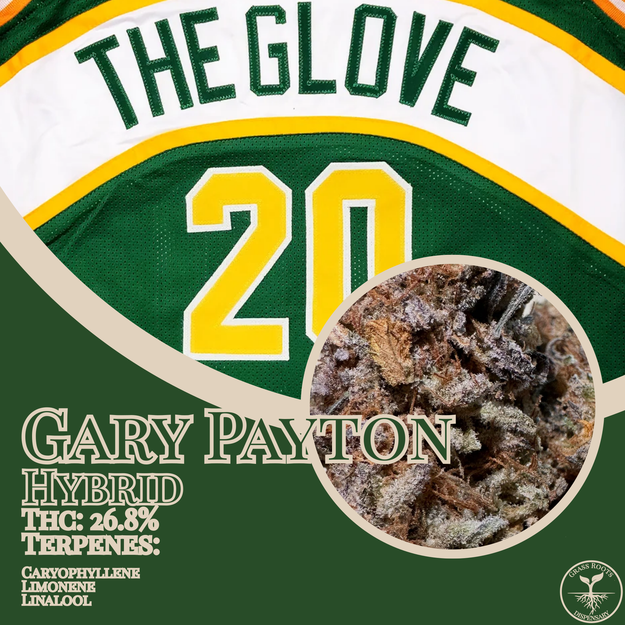 Gary Payton strain of the week graphic from Grass Roots Dispensary